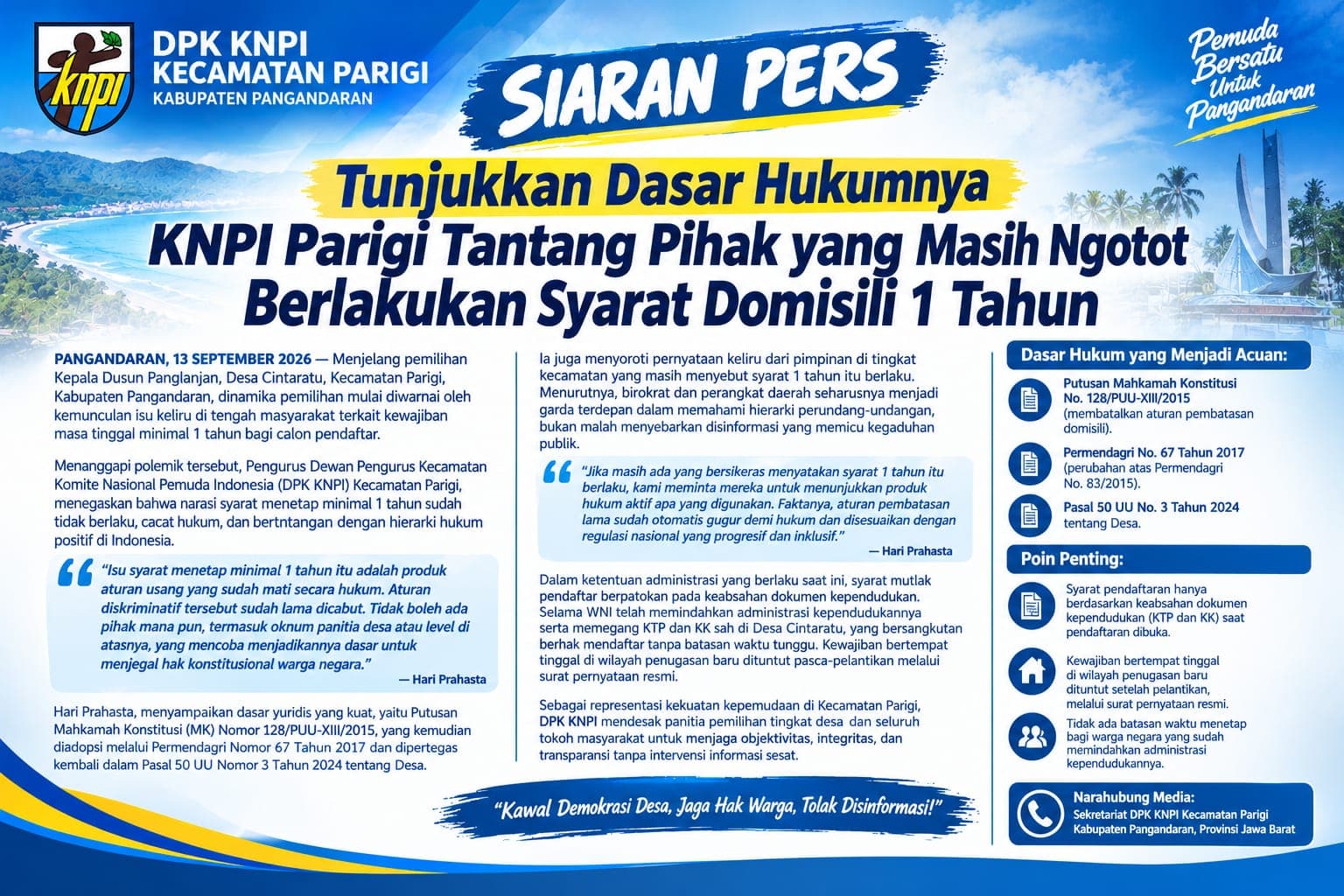 KNPI Parigi Kecam Isu Syarat minimal 1 tahun berdomisili dalam pemilihan Kepala Dusun